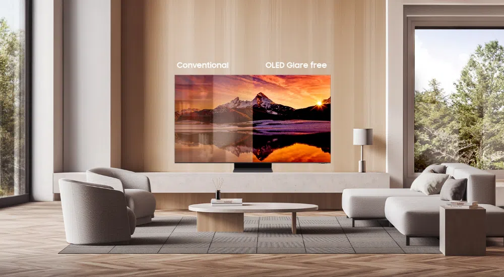 Ces 2024: samsung impressiona com tv qd-oled antirreflexo (glarefree) Exemplo de tela com reflexo e usando a nova tecnologia antirreflexo. Imagem: samsung samsung apresenta tv qd-oled antirreflexo na ces 2024
