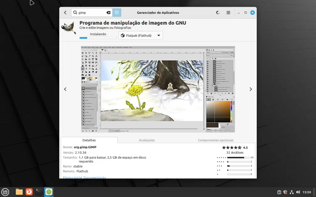 Ferramenta de manipulação de imagem gimp em execução no linux, com interface de edição visível.