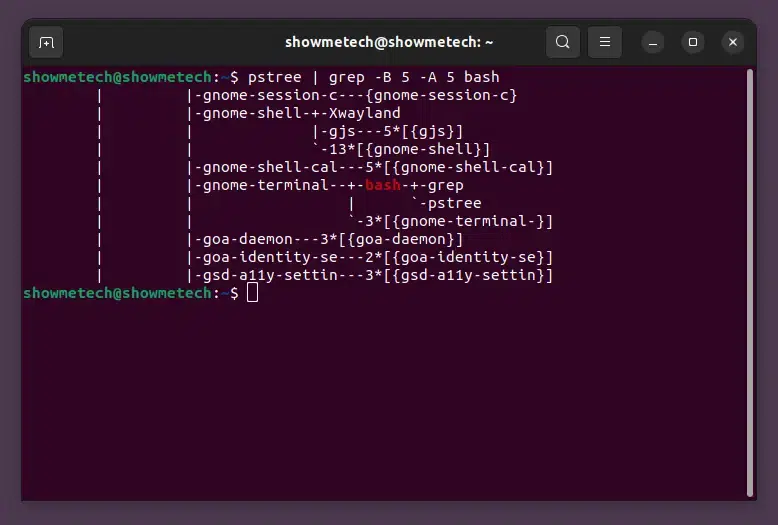 Terminal no ubuntu 22. 04. 3 executando o comando pstree e mostrando que o processo do shell bash é criado pelo emulador de terminal gnome-terminal