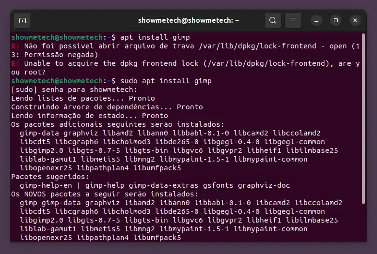 Execução do comando apt install sem sudo e com sudo no bash do ubuntu 22. 04. 3