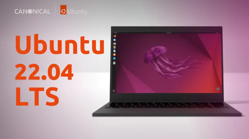 Laptop com a tela inicial do ubuntu 22. 04 lts, e logos da canonical e da ubuntu