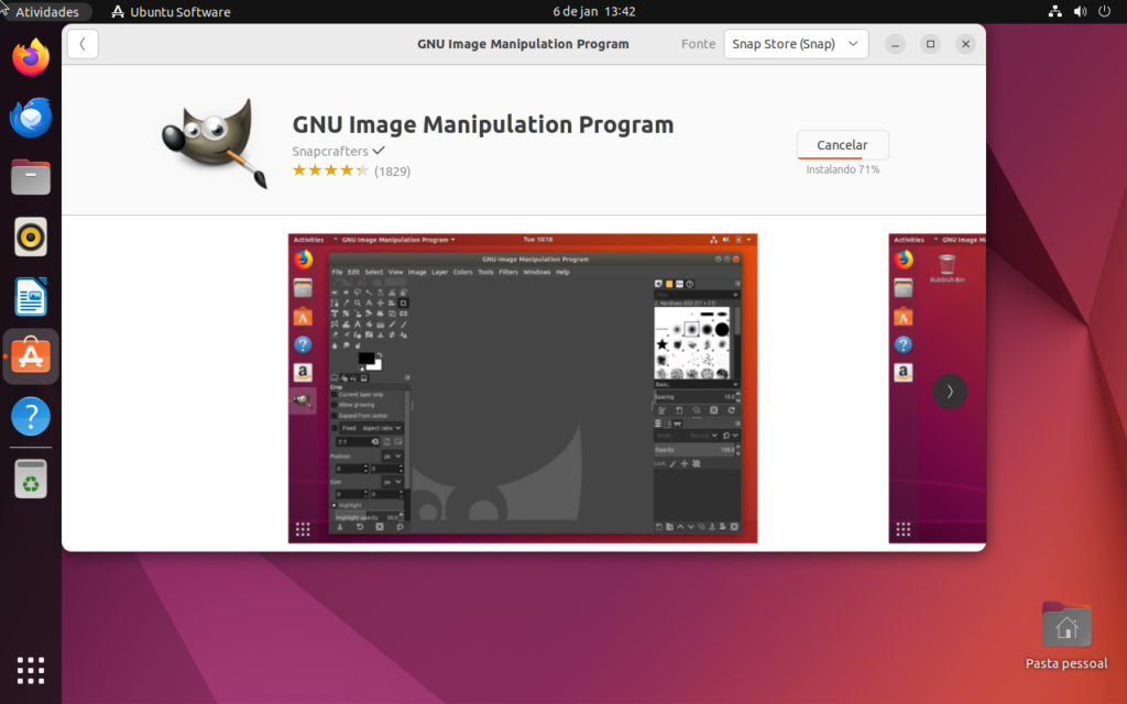 Usando o ubuntu software para instalar programas no ubuntu 22. 04. 3. No exemplo, instalação do gimp