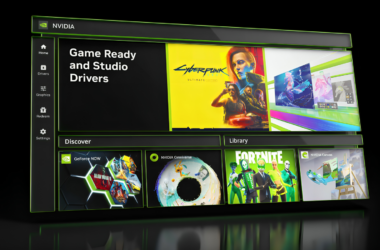 A imagem mostra a tela inicial do nvidia app, com o "descubra", "biblioteca de jogos" e menu.