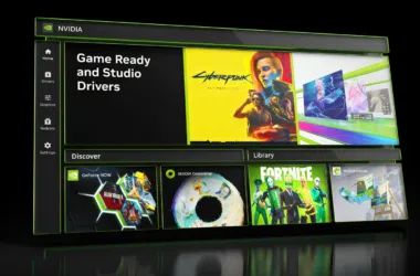 The image shows the home screen of the nvidia app, with the "discover", "game library" and menu.