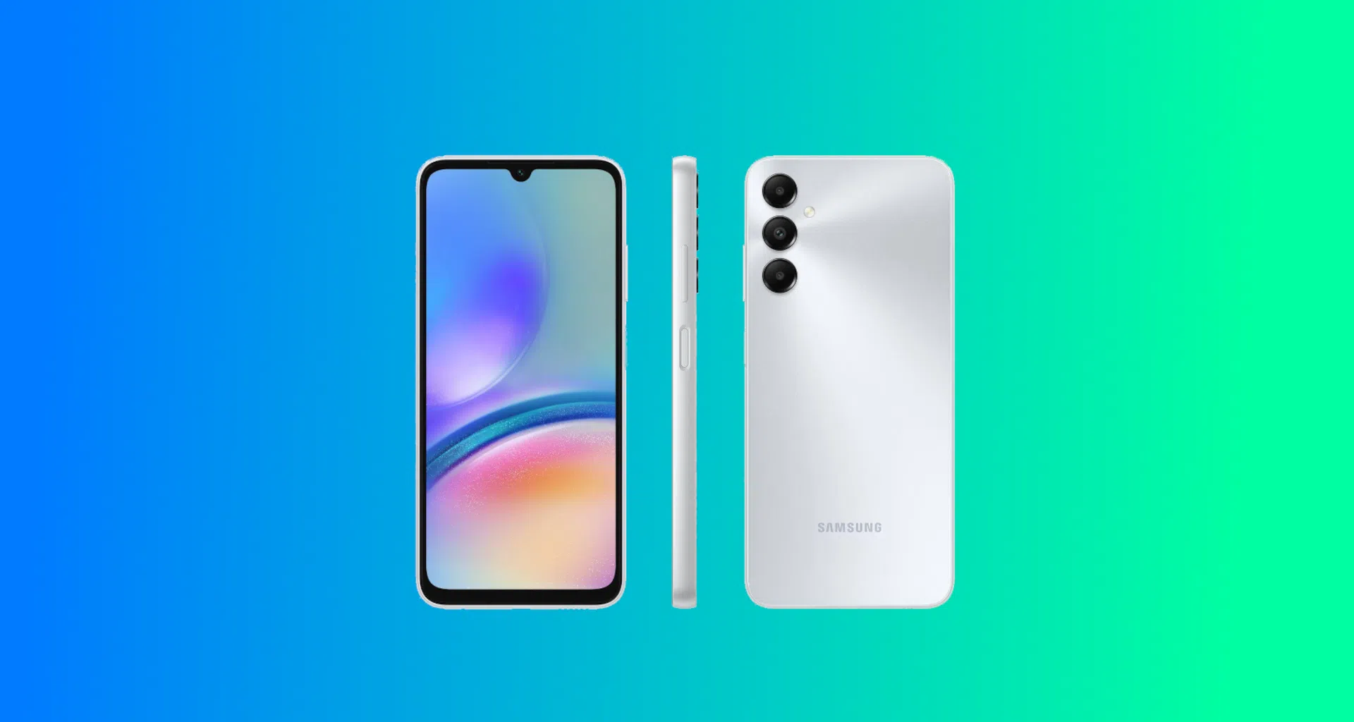 Galaxy a05s na cor prata em fundo degradê colorido