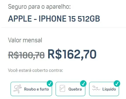 Seguro de celular? Veja opções e preços A imagem é um print de tela do orçamento feito para um iphone 15 de 512gb no site da seguradora ciclic.
