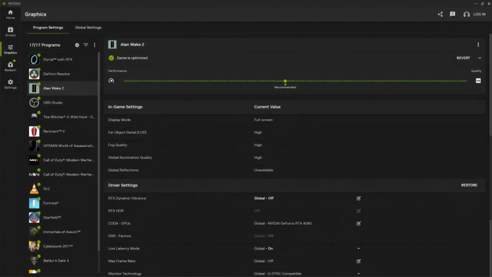 Nvidia video adapter with G-Sync technology and performance settings for gaming.