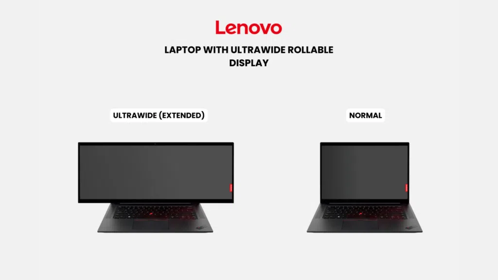 Lenovo laptop screen with ultrawide scrollable display, focusing on technology and innovation.