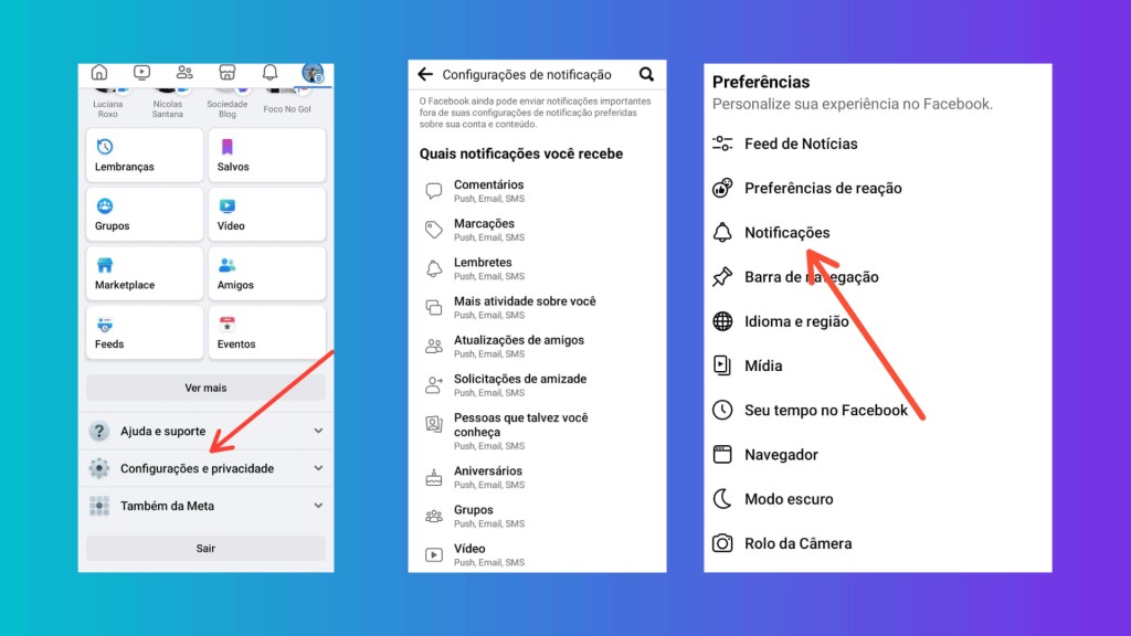 Configurações de notificação no facebook para gerenciar alertas e privacidade.