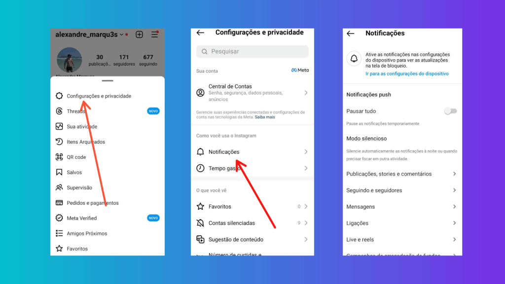 Configurações do instagram para ativar notificações e melhorar segurança digital.