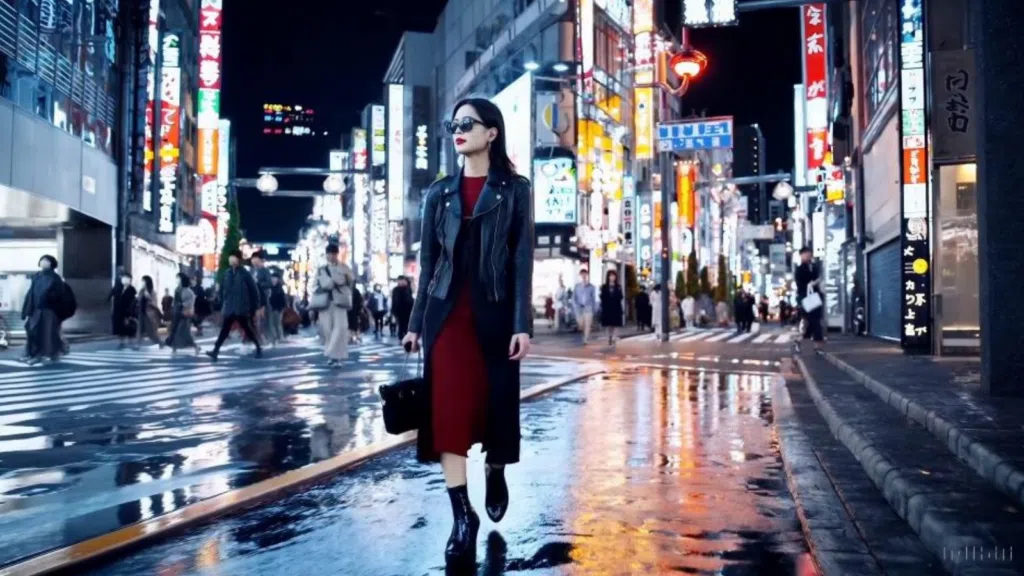 אישה אופנתית הולכת ברחוב מואר בעיר יפנית בלילה, ומציגה לראווה ניאון, אופנה עירונית, טכנולוגיה ותרבות פופ.