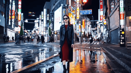 Estilo urbano na noite em Tóquio com mulher fashion em rua iluminada e movimentada.