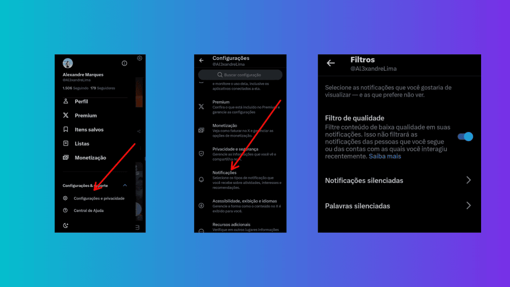 1. Configurações do twitter no mobile mostrando opções de notificações e privacidade.
