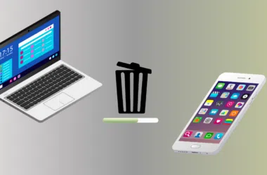 Ferro de lixo digital entre laptop e smartphone em ilustração gráfica.