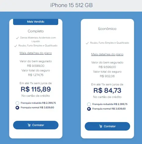 Seguro de celular? Veja opções e preços A imagem é um print de tela da cotação para o seguro de um iphone 15 de 512gb no site da zurich, empresa parceira da vivo.