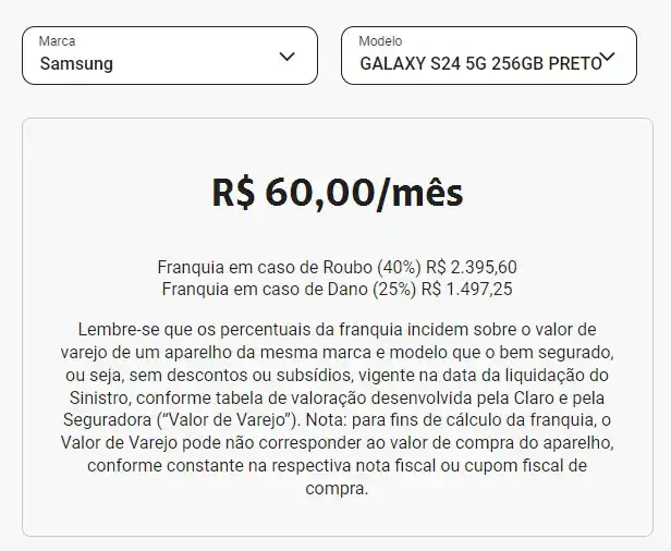 Seguro de celular? Veja opções e preços A imagem é o print de tela feito no site da empresa de telefonia claro, para um smartphone galaxy s24 de 256gb.