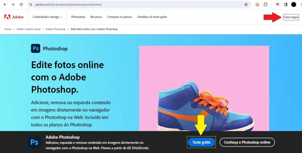 Como usar o adobe photoshop na web e sem app (sem download) Página inicial para login no adobe photoshop na web