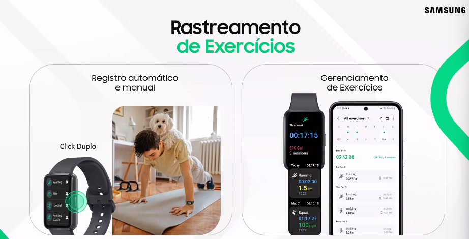 Smartband galaxy fit3 chega com suporte para 101 modalidades de esportes Detalhe de rastreamento de exercícios da galaxy fit3