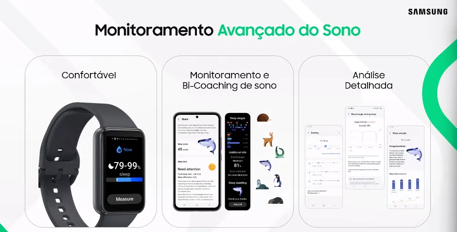 Smartband galaxy fit3 chega com suporte para 101 modalidades de esportes Detalhe de monitoramento de sono da galaxy fit3