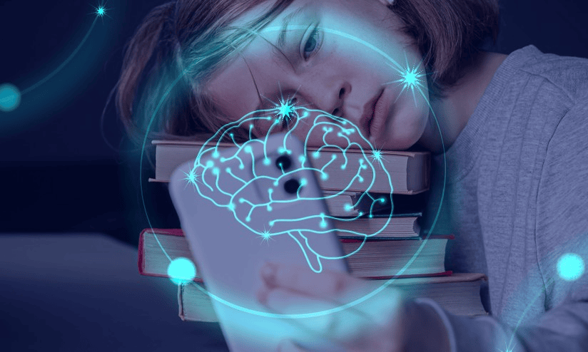 Sono de cansaço e exaustão mental, estudante com livros, ilustração de cérebro iluminado, estudo e fadiga digital, sono, falta de concentração, showmetech.