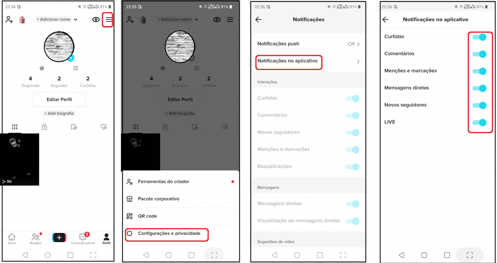 1. Configurações de notificações no aplicativo para aprimorar interação e privacidade.