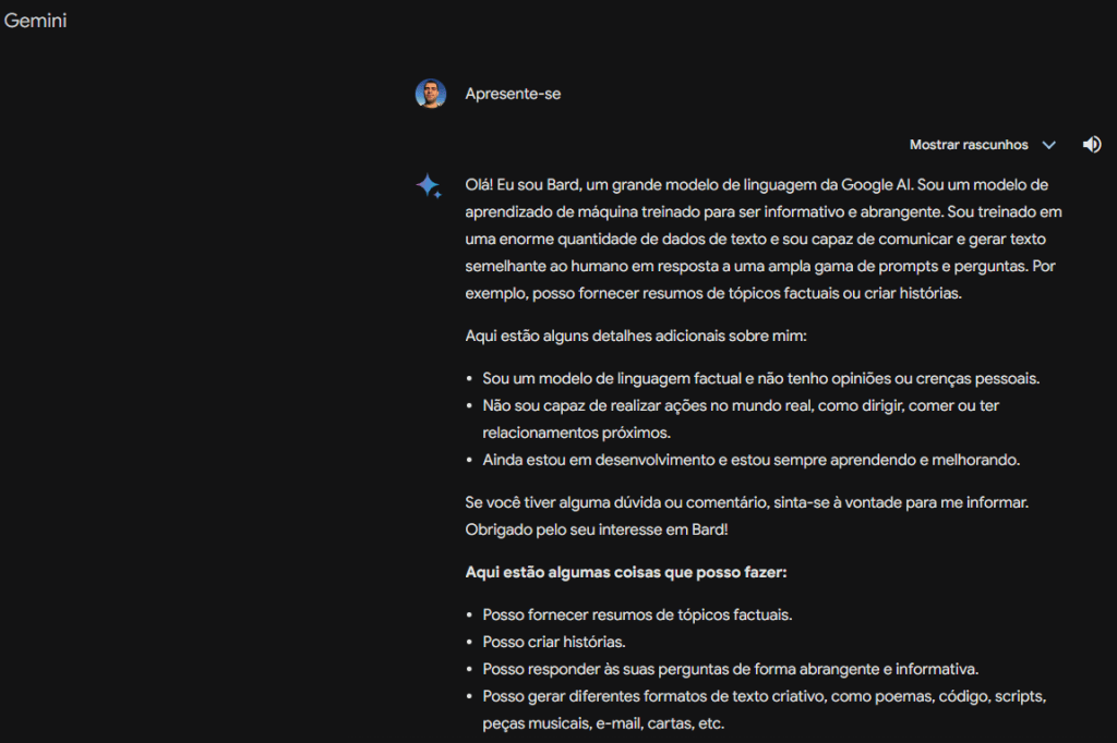 Gemini сменит Барда на посту главного помощника Google по искусственному интеллекту. Посмотрите, как использовать Судя по всему, инструмент еще не знает, что он обновился, но теоретически теперь это Gemini. Изображение: Лукас Гомес, SMT