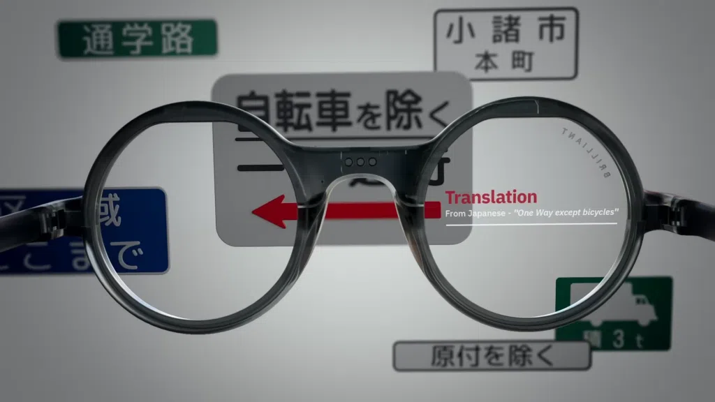 Conheça o frame, óculos inteligente com tela microoled da sony Uma das capacidades do óculos inteligente frame é a de fazer tradução de textos. Imagem: youtube, brilliant labs