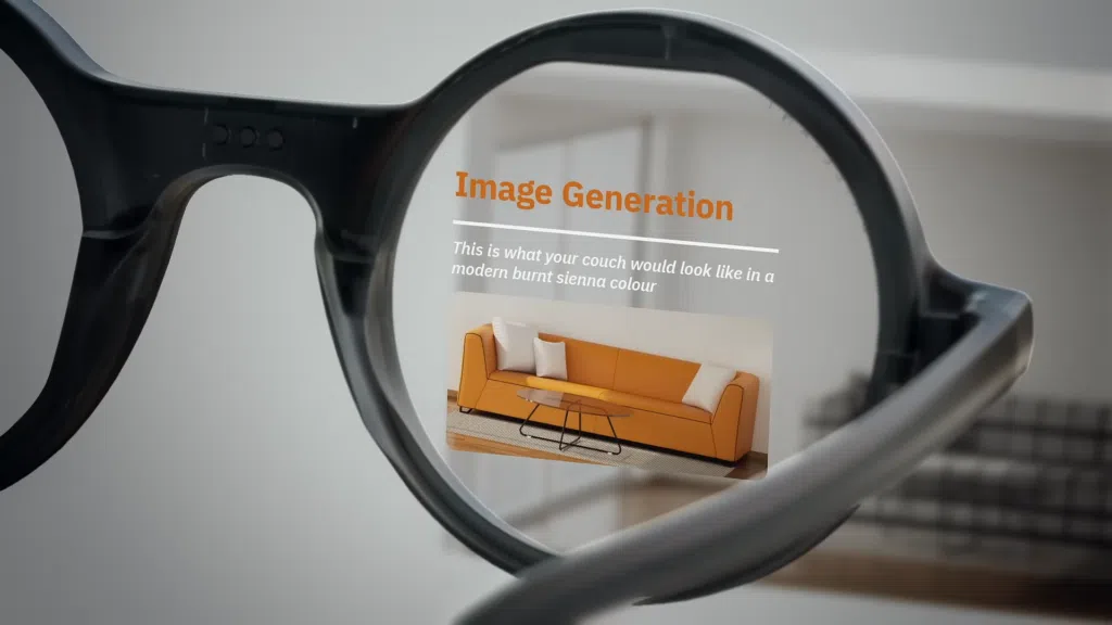 Conheça o frame, óculos inteligente com tela microoled da sony E assim como as ferramentas atuais de ai, o óculos frame também é capaz de gerar imagens. Imagem: youtube, brilliant labs