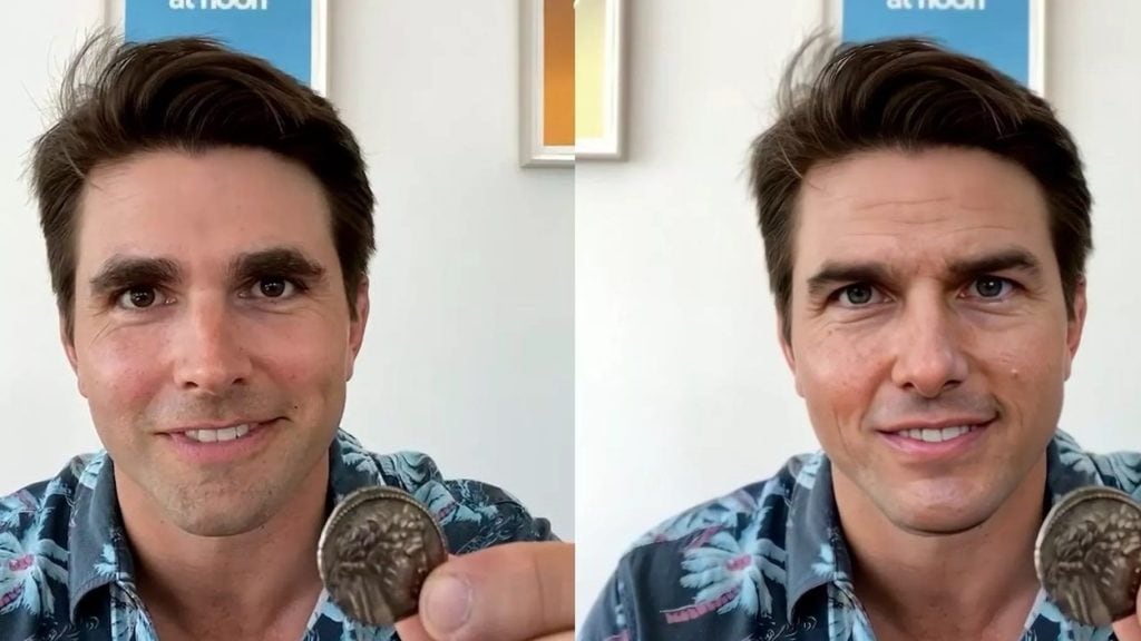 Homem com camisa estampada segurando moeda antiga, sorriso e comparação de fotos lado a lado.