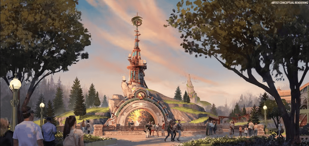 Atração temática de aventura com montanha-russa e cenário inspirado em uma paisagem fantástica, ideal para todas as idades.