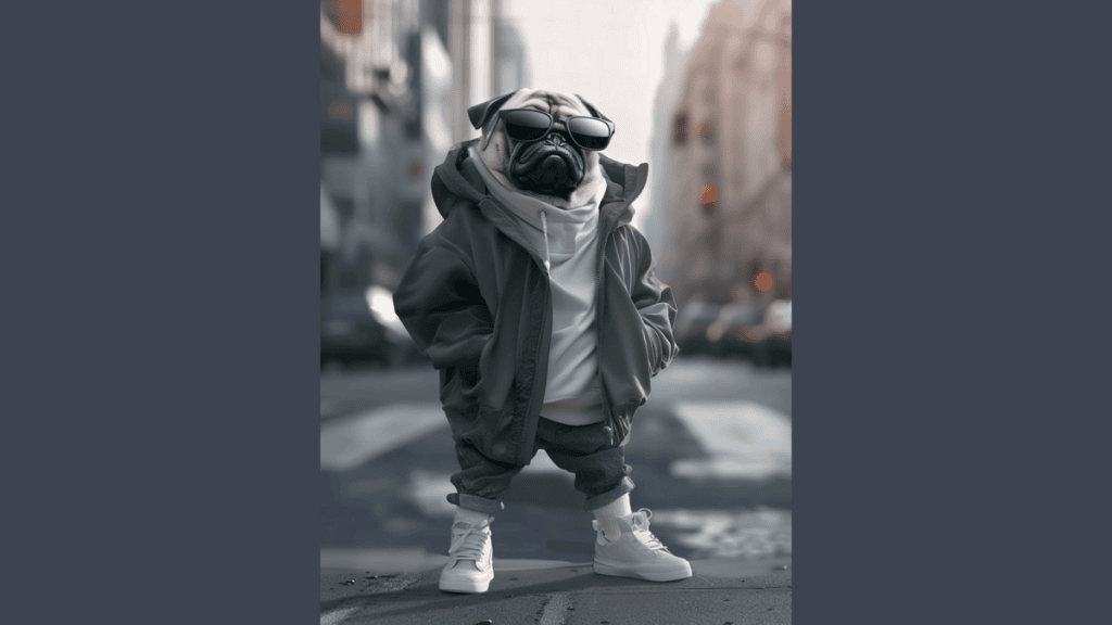 Cachorro estiloso com jaqueta, óculos escuros e roupas modernas na rua.