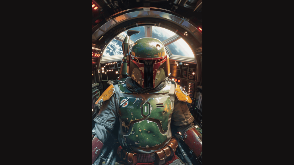 Soldado de star wars no cockpit do espaço com detalhes tecnológicos e fundo de estrelas.