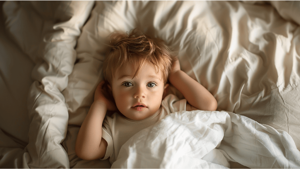 Menino deitado na cama, sono, conforto, rotina, infância, cama de colchão macio, sonhos, relaxamento, sono infantil, bem-estar.