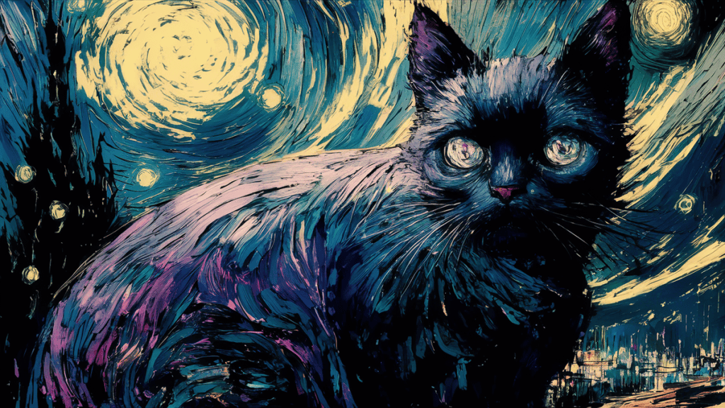 1. Gato preto em estilo artístico inspirado em van gogh com céu noturno vibrante.