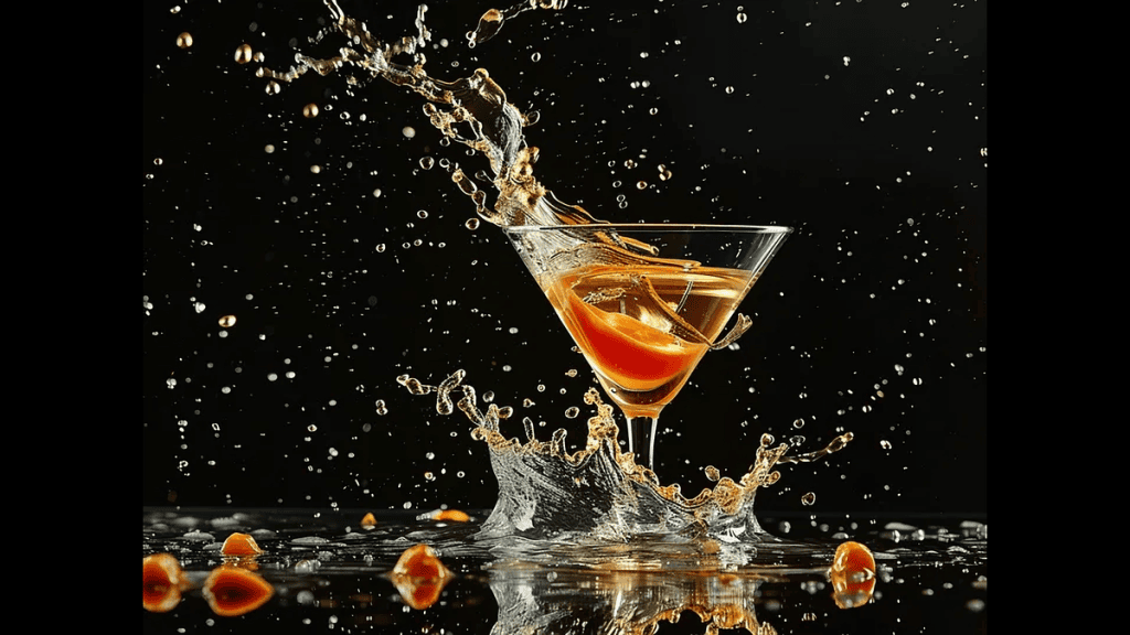 Árvore de líquido dourado caindo em copo de drink com splash vibrante em fundo preto.