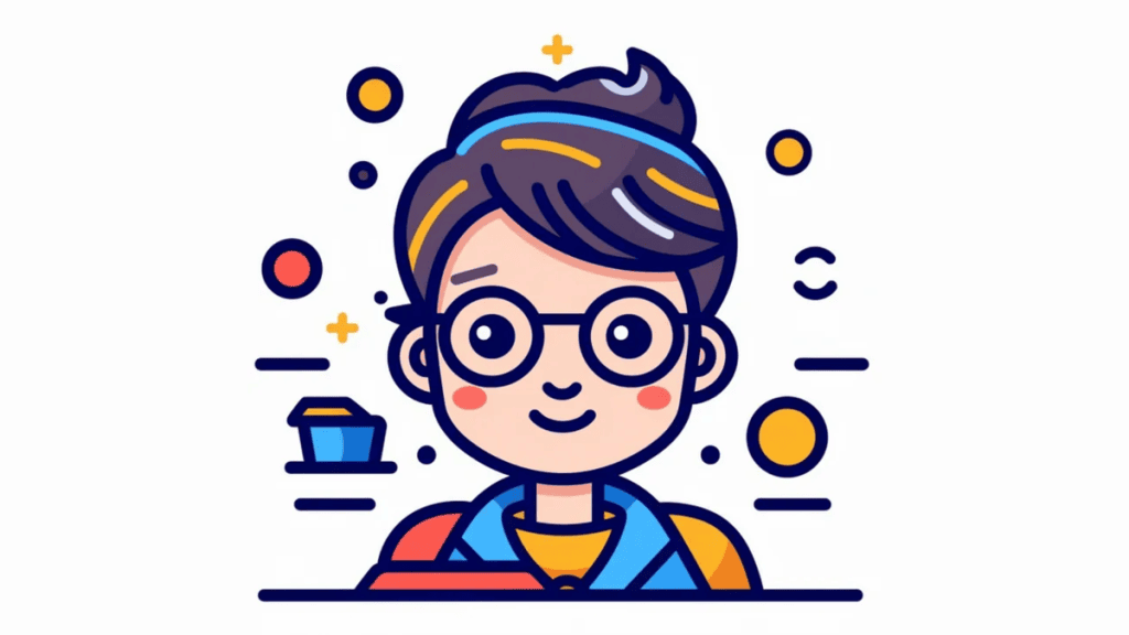 Criança com óculos e mochila sorrindo, ilustração estilizada e colorida de tecnologia e educação.