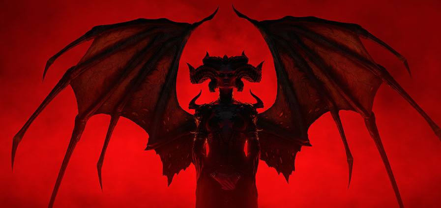 Lilith em fundo vermelho em arte de diablo iv