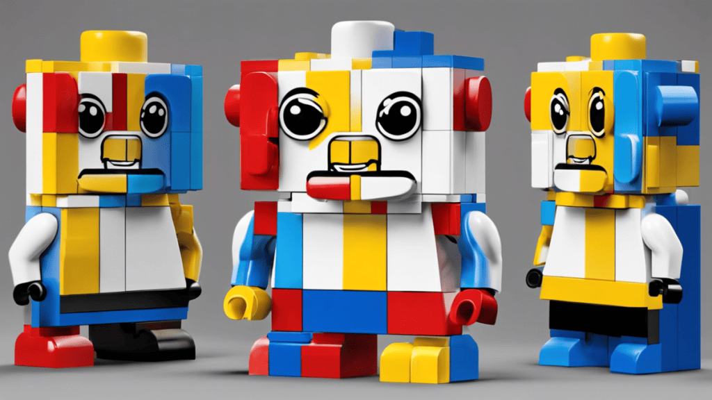 Brinquedos de lego com design inspirado em personagens coloridos e expressivos.