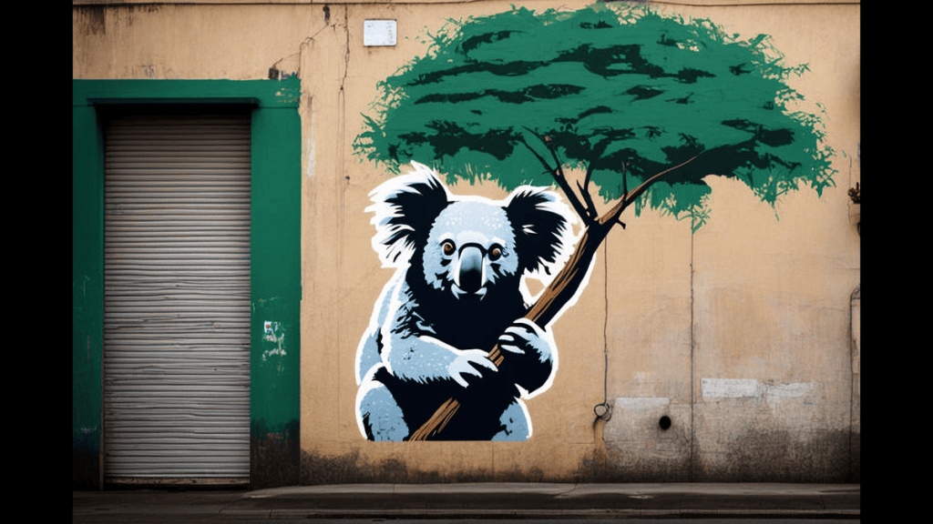 Koala graffiti mural de rua com árvore, arte urbana de artesanato e conservação ambiental.
