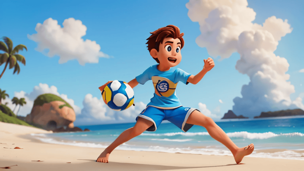 Futebol de praia com personagem animado jogando na areia em cenário tropical.