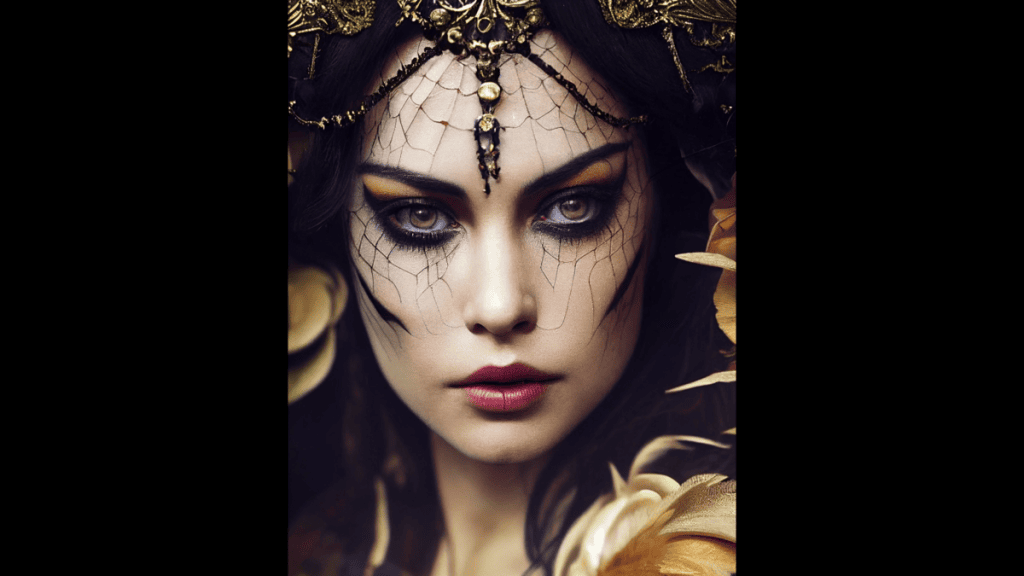 Máscara artística com maquiagem dramática e detalhes dourados, estilo halloween ou fantasia sombria.