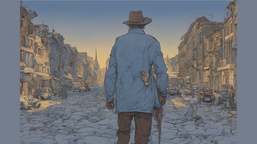 Barista caminhando em rua destruída com carros danificados no cenário urbano deteriorado.