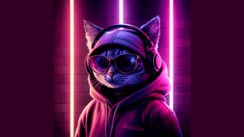 Gato com roupas futuristas, óculos e fone de ouvido em ambiente neon escuro.