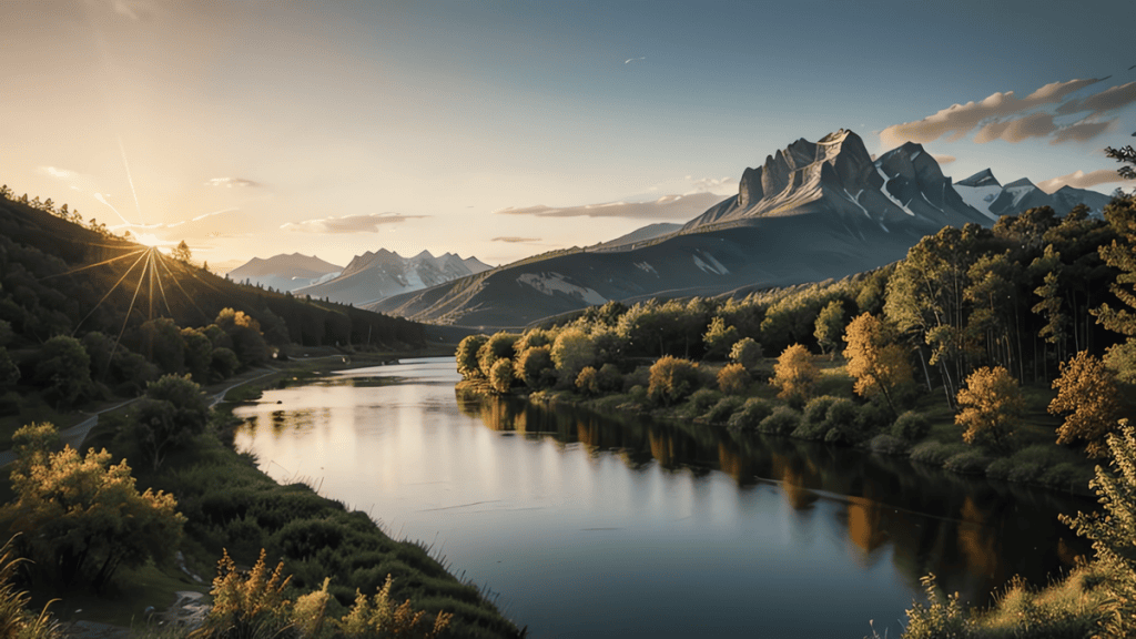 Cenário de montanhas e rio ao pôr do sol com natureza exuberante.