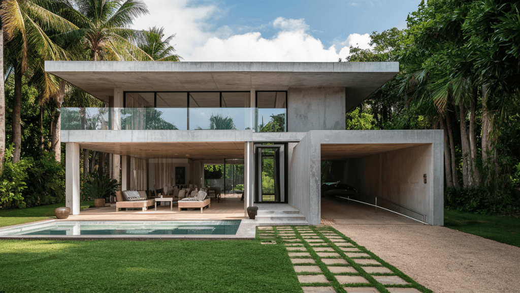 Casa moderna com arquitetura minimalista e piscina em meio à natureza, design inovador e sustentável.