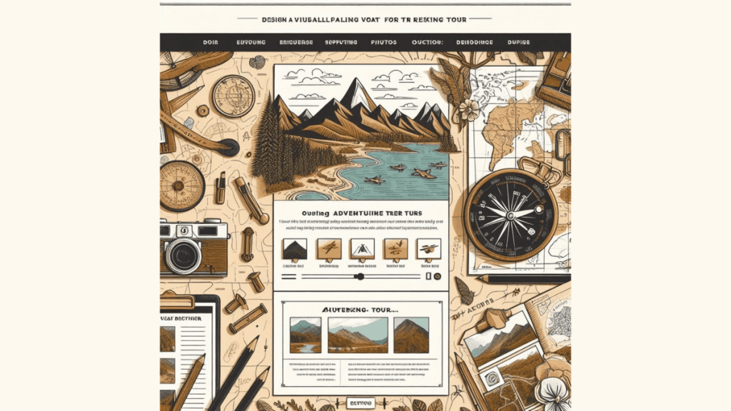 Mapa ilustrado com itens de aventura, incluindo mapa, câmera e bússola – ideal para roteiros de viagem ao ar livre.