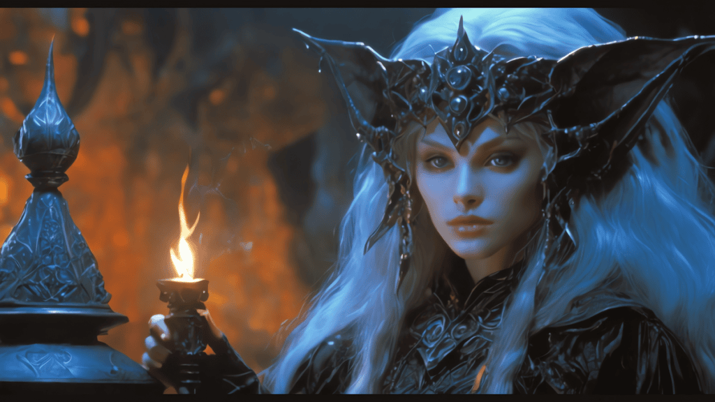 Fada mitológica with helmet and staff in dark forest, fantasy character, magical power, blue hair, mystical atmosphere.