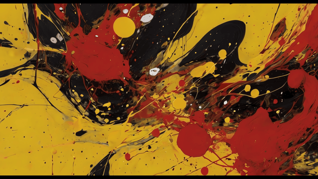 Cores vibrantes de tinta preta, vermelha e amarela em arte abstrata moderna.