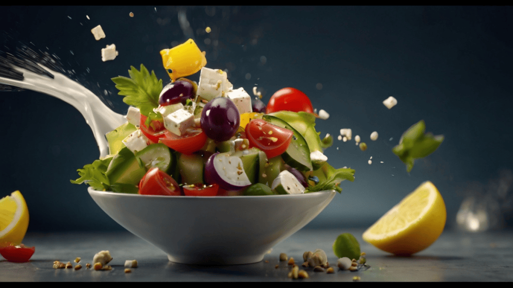 1. Salada fresca com tomates, queijo e folhas verdes, alta qualidade, still, comida saudável, ingredientes naturais.