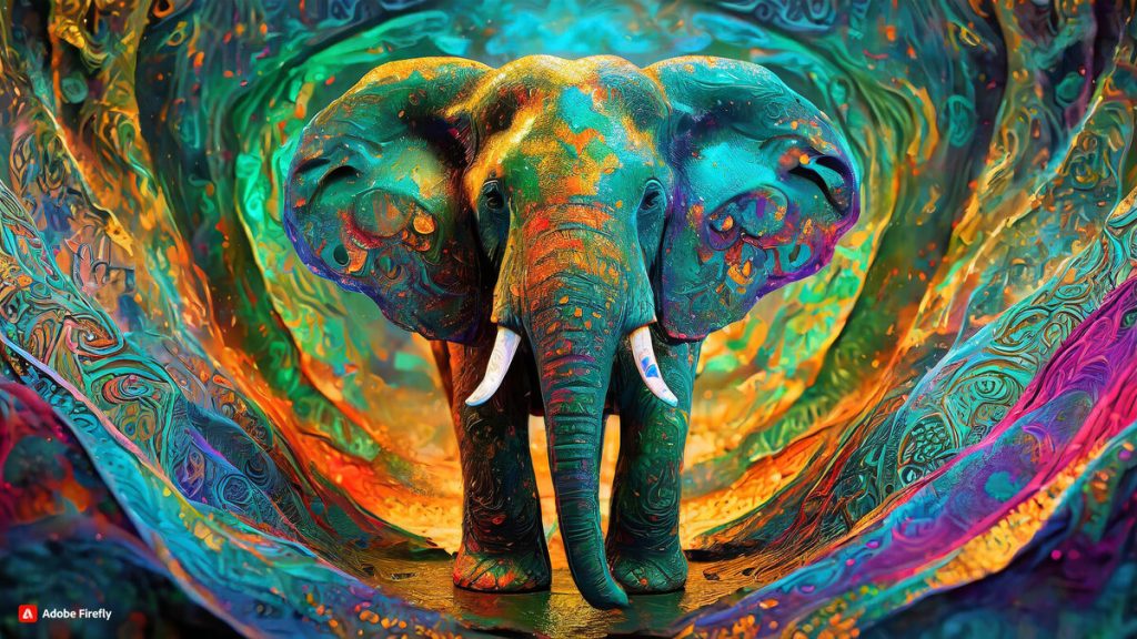 Elefante colorido com arte vibrante e detalhada, expressão impressionante, fundo artístico e inovador.